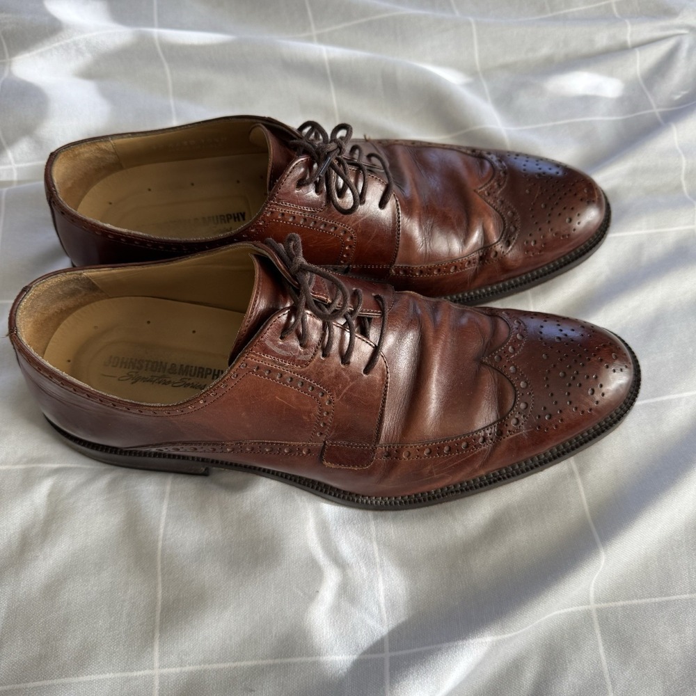 10.5 M Johnson & Murphy Italy Mens Brown Cap Toe Oxford Dress Shoes Lace Up EUC - Picture 3 of 9